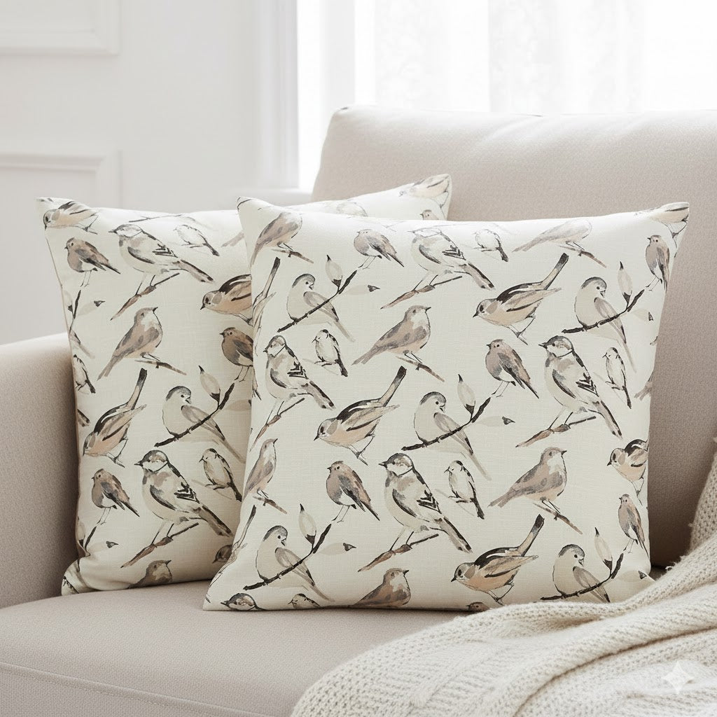 Sketch Bird Throw Pillow - Neutral Beige Watercolor Design Accent Cushion