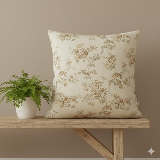 Vintage Cottage Rose Throw Pillow - Brown & Cream Floral Accent Cushion