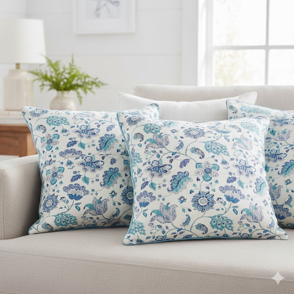 Jacobean Floral Throw Pillow | Blue and Teal Botanical Accent Cushion