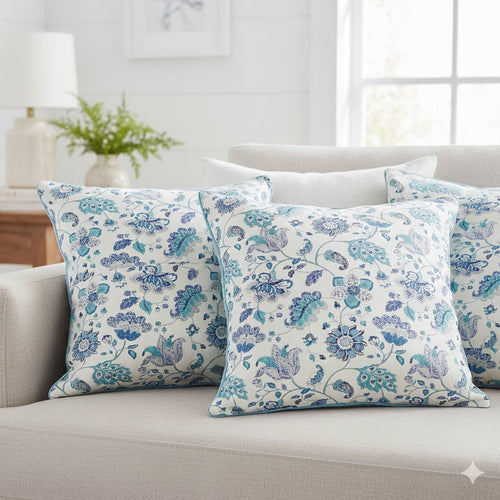 Jacobean Floral Throw Pillow | Blue and Teal Botanical Accent Cushion