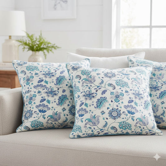 Jacobean Floral Throw Pillow | Blue and Teal Botanical Accent Cushion